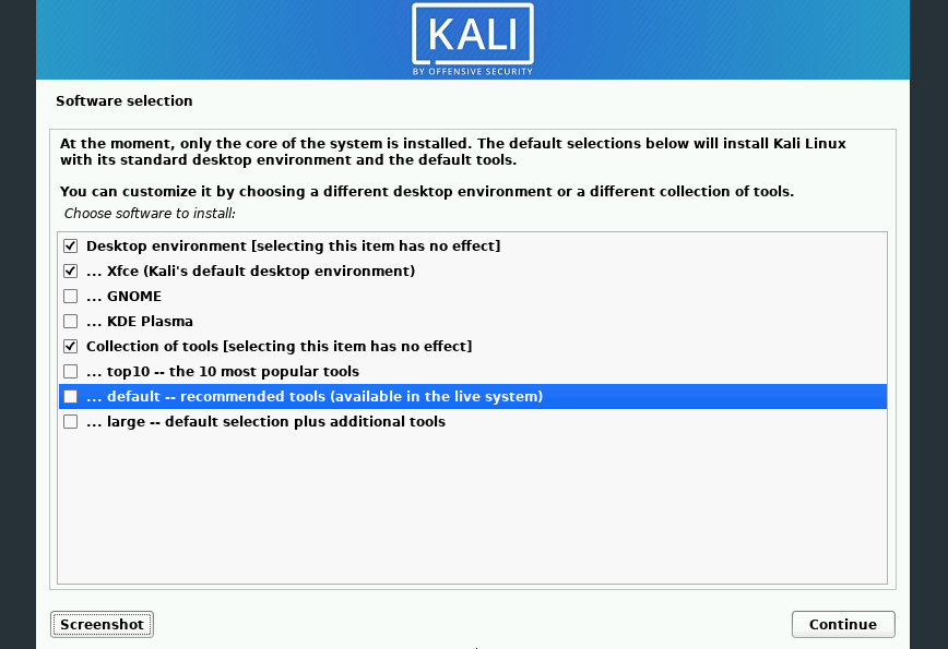 Kali Linux install: no tools