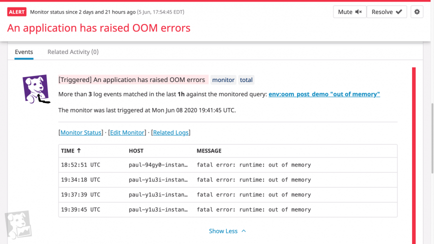 An alert based on OOM error logs.