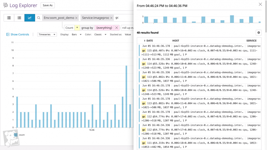 Datadog's Log Analytics view showing Golang garbage collection logs.
