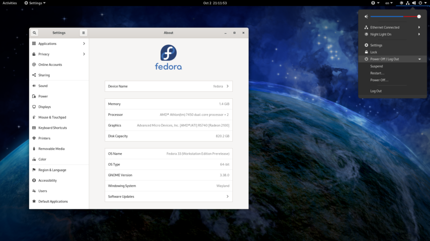 Fedora 33 with GNOME 3.38