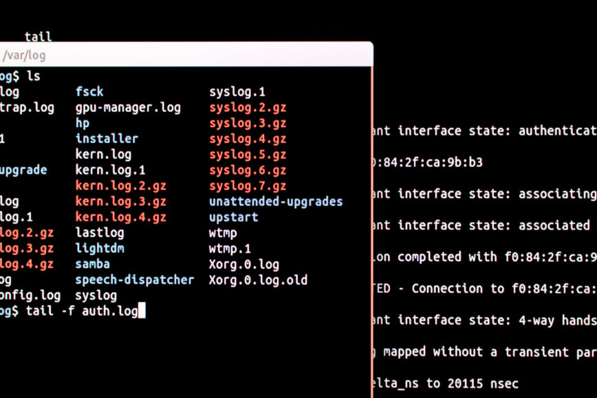 Analysis of authentication log files in an operating system. Ssh connection through a terminal to test intrusion in an operating system. Two terminal sessions open for comparison