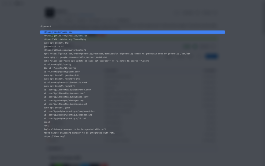 Clipboard manager filled with random commands copied for history.
