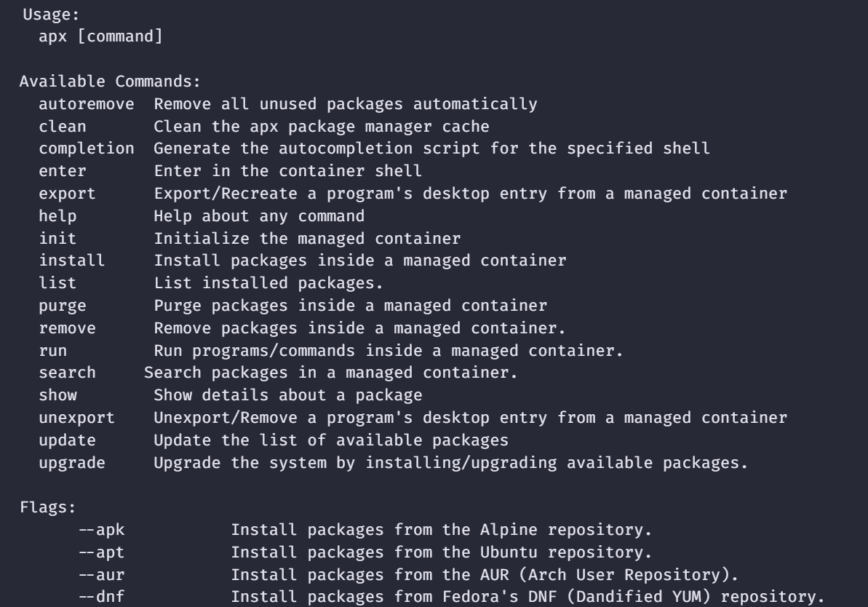 Apx command help screenshot - Vanilla OS