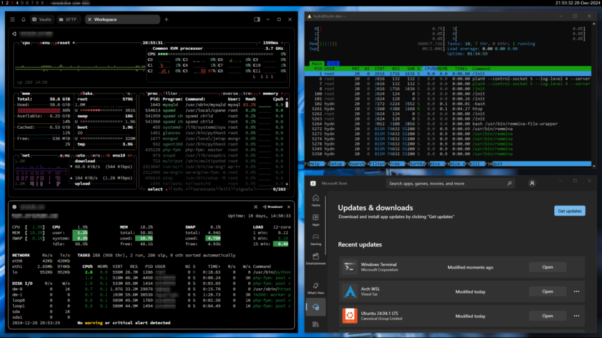 Screenshot showing Windows 10 running Workspacer Window Manager, with both Windows and Linux applications open simultaneously.