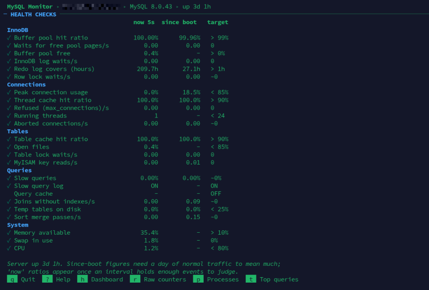 MySQL Monitor health checks (screenshot) MySQL Monitor health checks comparing each ratio and rate with its target, grouped by InnoDB, connections, tables, queries and system