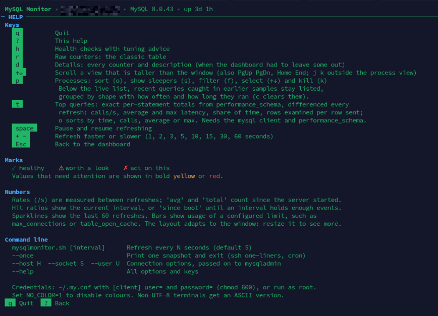 MySQL Monitor help screen (screenshot) MySQL Monitor help screen listing the keys, what the marks mean and how the numbers are measured