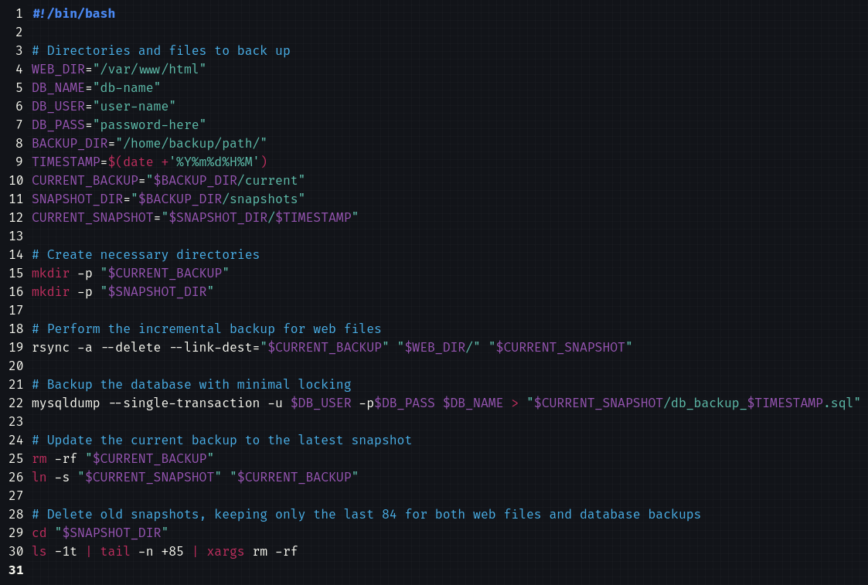 Bash script for automated incremental web and database backups using rsync and mysqldump, with snapshot retention management. (screenshot)