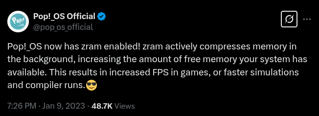 Twitter post by POP!_OS: Zram now enabled by default.