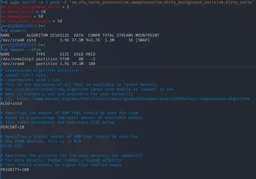 Zram setup and optimization on Debian Linux with sysctl tuning and zstd compression.