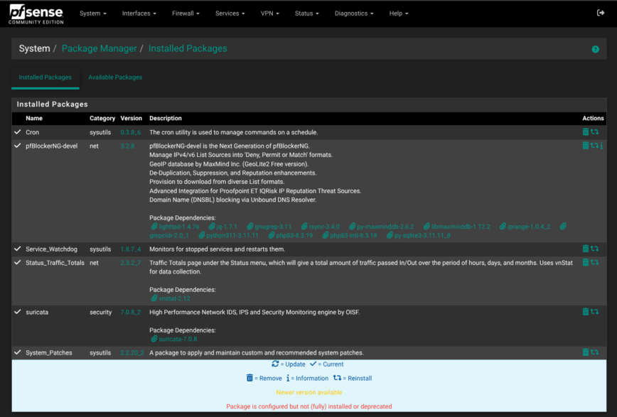 pfSense > System > Package Manager > Installed Packages