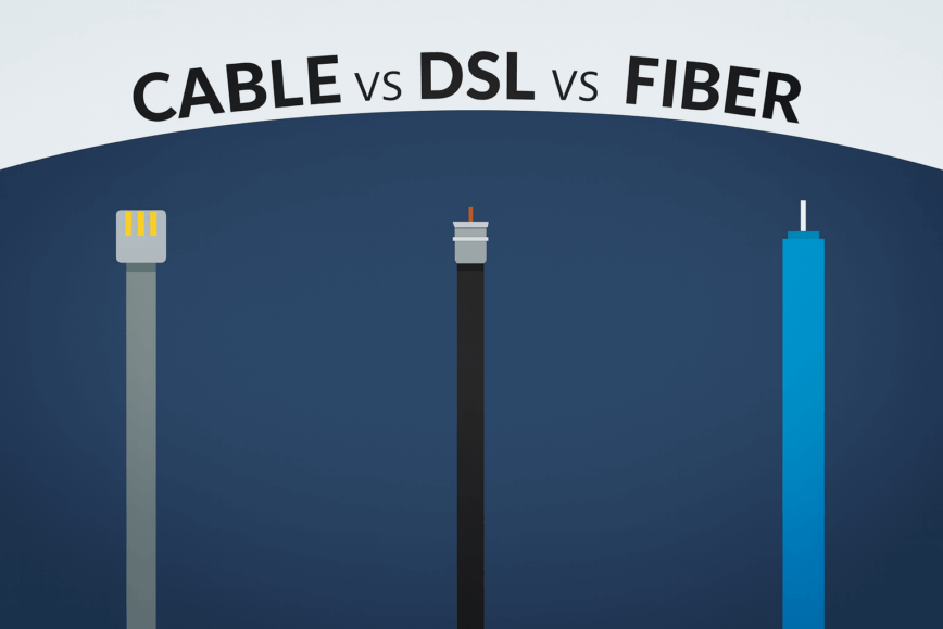 Cable, DSL, and fiber internet cables, showing physical differences between each connection type.
