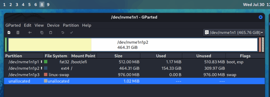 Vanilla Linux partition post Kali Linux install.