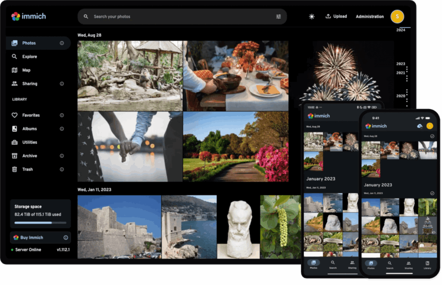 Immich: web and mobile UI. Immich: web and mobile UI.