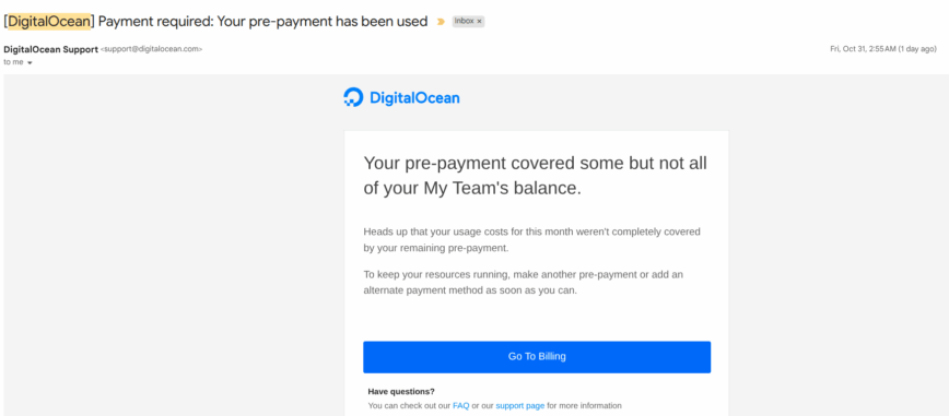 DigitalOcean "Payment Required" notifications.