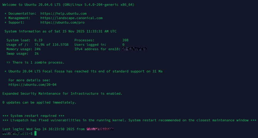 Ubuntu 20.04 LTS with ESM support enabled. Ubuntu 20.04 LTS with ESM support enabled.