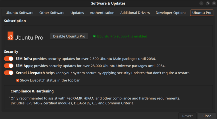 Ubuntu desktop (Gnome) with ESM enabled. Ubuntu desktop (Gnome) with ESM enabled.