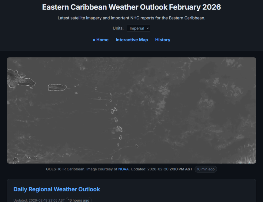 Weather outlook page with GOES East infrared satellite imagery and daily regional forecast section