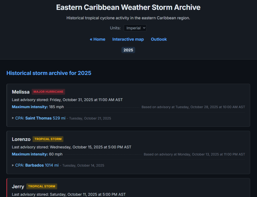 Historical storm archive for 2025 showing Hurricane Melissa, Tropical Storm Lorenzo, and Tropical Storm Jerry with intensity and closest approach data