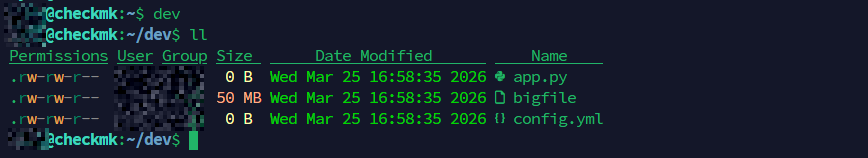 dev and ll bash alias examples: directory shortcut and file listing Terminal showing the dev bash alias jumping to the dev directory followed by the ll alias listing files with icons and color