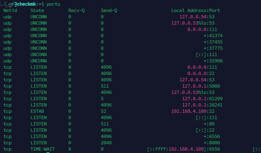 ports bash alias output showing active network connections Terminal output of the ports bash alias running ss -tulanp showing active TCP and UDP connections on a Linux server