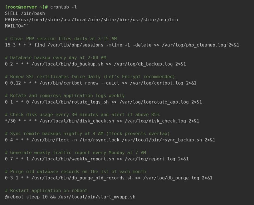 Linux terminal showing crontab -l output with scheduled cron jobs for backups, SSL renewal, and monitoring