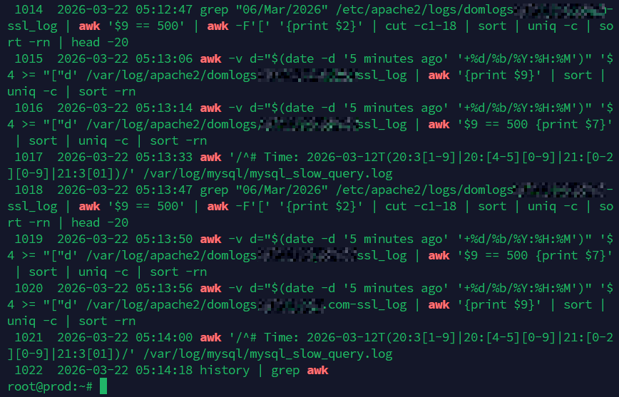 Real-world awk command history from a production Linux server Terminal showing awk command history on a Linux server, including log parsing, Apache access log filtering, and MySQL slow query analysis