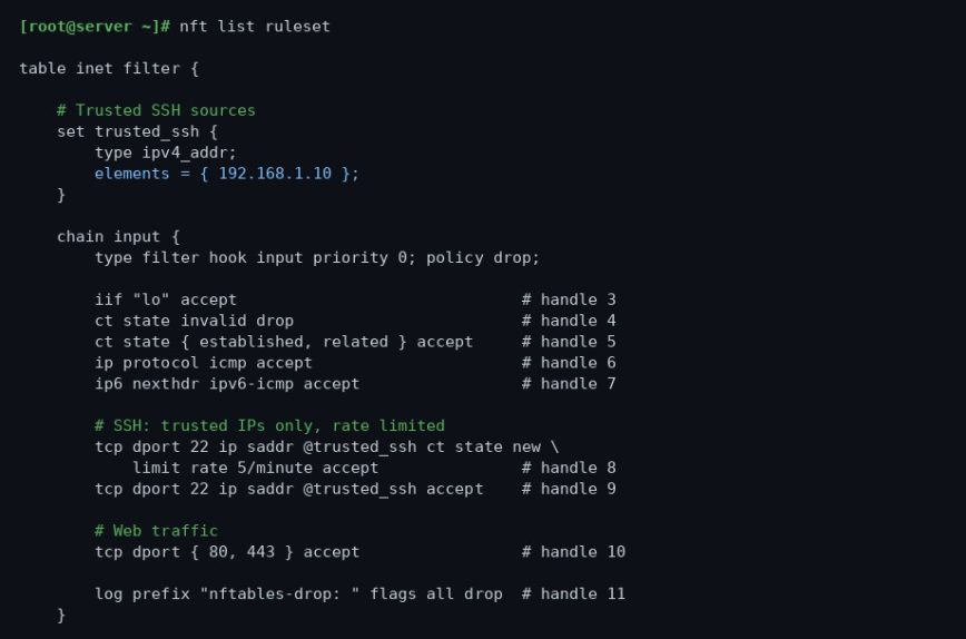nft list ruleset output showing inet filter table with input, forward, and output chains