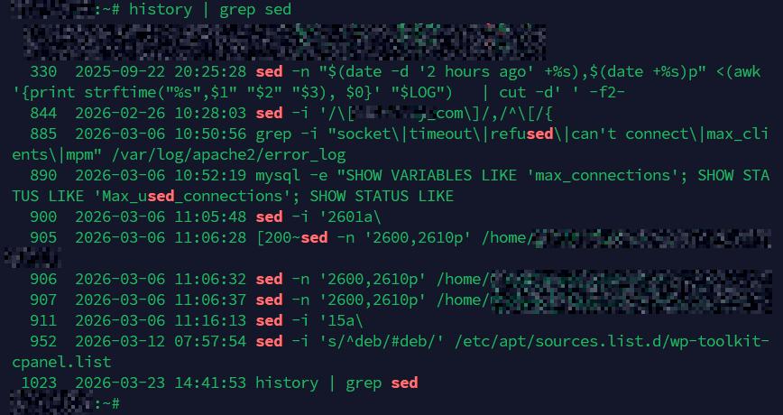 "history | grep sed" command showing real-world sed usage in bash history Linux terminal showing "history | grep sed" output with real sed commands