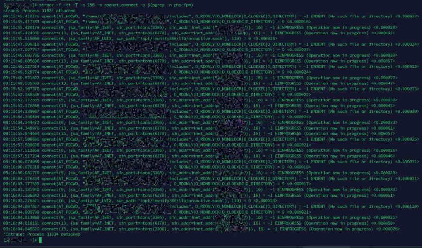 strace - This trace shows a PHP-FPM worker opening application files This trace shows a PHP-FPM worker opening application files, attempting to access missing paths (ENOENT), and connecting to both MySQL (3306) and Redis (6379). This is a typical real-world request flow and a good example of how strace exposes exactly what a process is doing in real time.