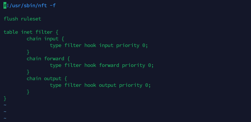 nftables.conf open in a text editor showing inet filter table with input, forward, and output chain definitions