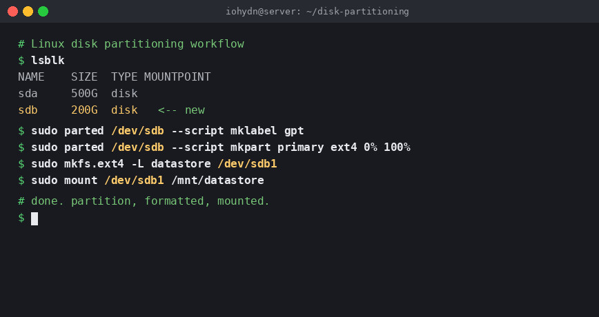 Terminal showing a Linux disk partitioning workflow with parted, mkfs.ext4, and mount commands