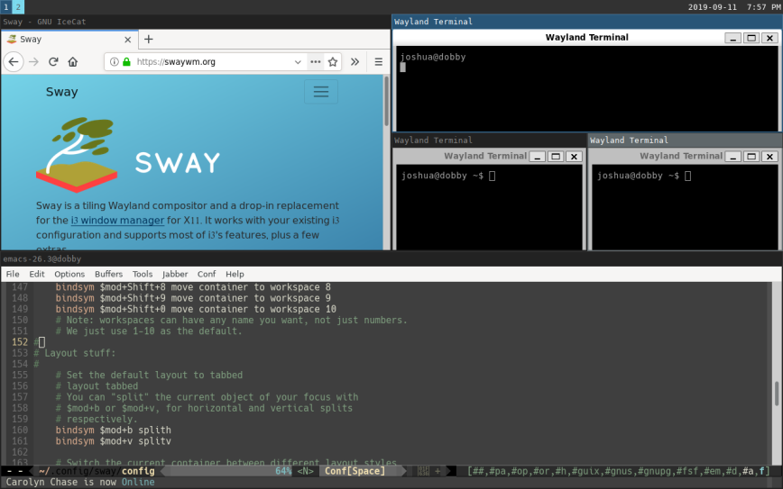 Sway tiling Wayland compositor showing tiled terminal windows and status bar.