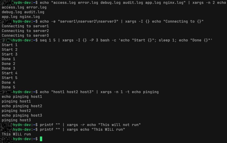 xargs command in Linux with examples xargs command examples in the Linux terminal showing -n, -I, -P, -t, and -r flags