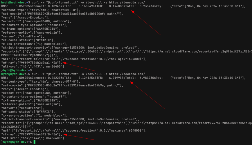Terminal showing two curl requests routed through Cloudflare Miami colo with TTFB times of 8.17 seconds and 6.91 seconds, with CF-Ray IDs ending in MIA