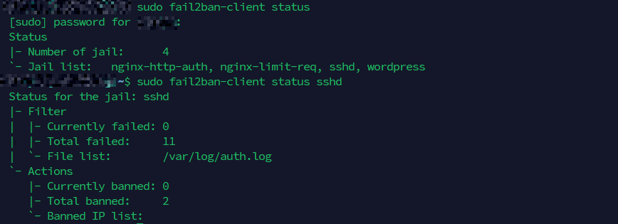 fail2ban-client status sshd command output fail2ban-client status sshd output showing banned IPs and failure counts