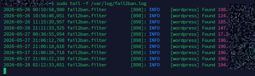 Fail2ban log file showing real-time ban activity Fail2ban log output showing live ban and unban actions