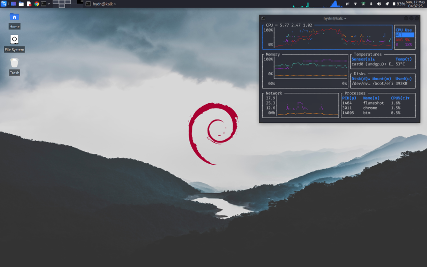 Kali rolling, stripped of pentest meta-packages, with XFCE as the desktop.