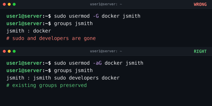 Comparison of usermod -G replacing all groups versus usermod -aG appending a group