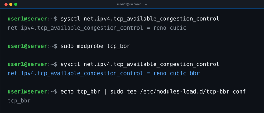 Loading the tcp_bbr module so BBR appears in tcp_available_congestion_control on Linux