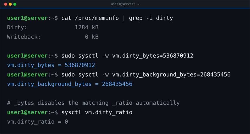 Setting vm.dirty_bytes absolute limits instead of percentage ratios on a high-memory Linux server