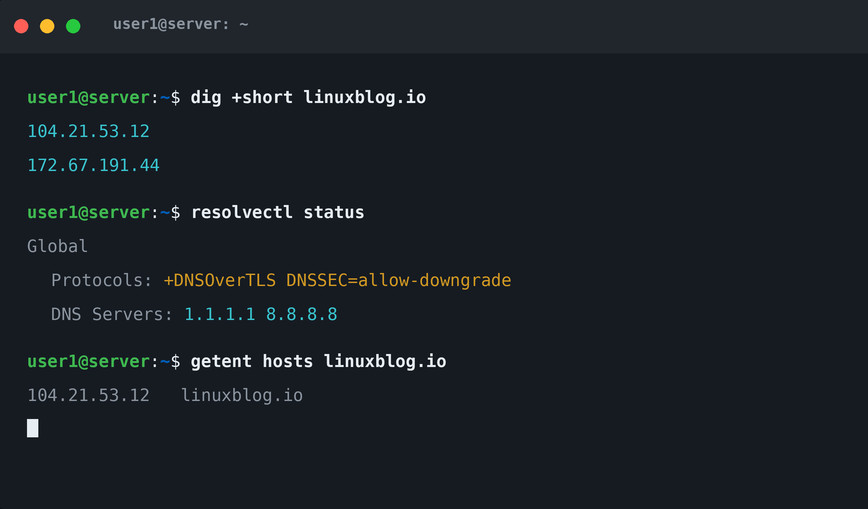 DNS resolution and troubleshooting on Linux Linux terminal showing dig, resolvectl, and getent commands for DNS resolution
