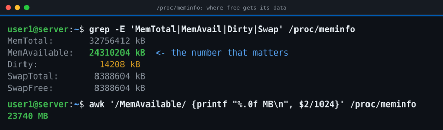 /proc/meminfo: where the free command gets its data Terminal showing /proc/meminfo output with MemAvailable highlighted and an awk one-liner converting it to megabytes