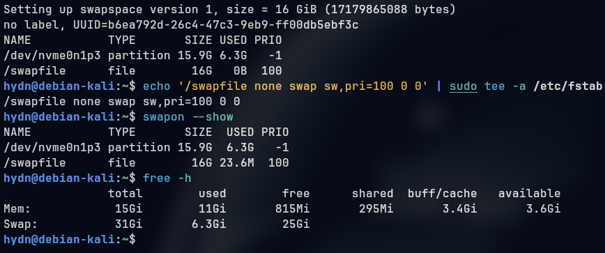 Creating a priority 100 swapfile and making it permanent in fstab Terminal output of mkswap, adding the swapfile to /etc/fstab with pri=100, and swapon --show listing the swap partition at priority -1 and swapfile at priority 100