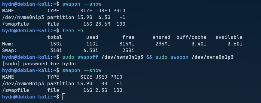 Draining old swap from the hibernation partition swapoff and swapon on the swap partition draining 6.3 GB of old swap, with swapon --show confirming the partition at 0B used and the swapfile taking over