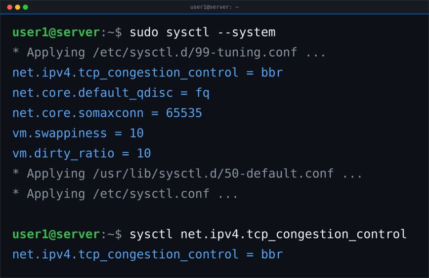 Terminal showing sysctl reading and writing Linux kernel parameters under /proc/sys