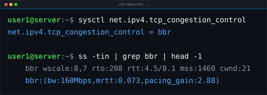 Verifying BBR congestion control is active using ss on an established Linux connection