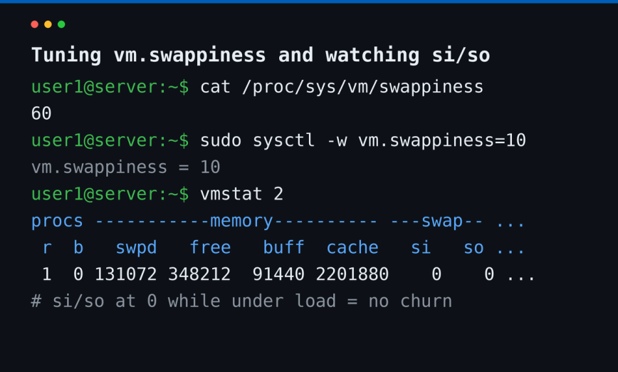 Tuning vm.swappiness and monitoring swap activity with vmstat Checking and setting vm.swappiness with sysctl, then watching the si and so columns in vmstat