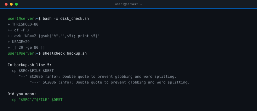 bash -x trace output followed by ShellCheck flagging unquoted variables with SC2086