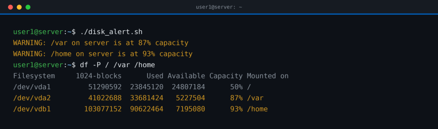Disk usage alert script printing warnings for /var and /home, confirmed by df -P output