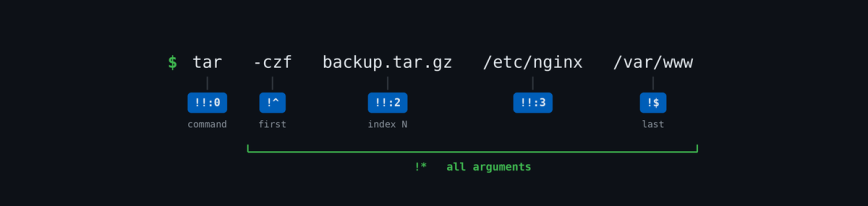 Bash history expansion word designators labelled across a tar command